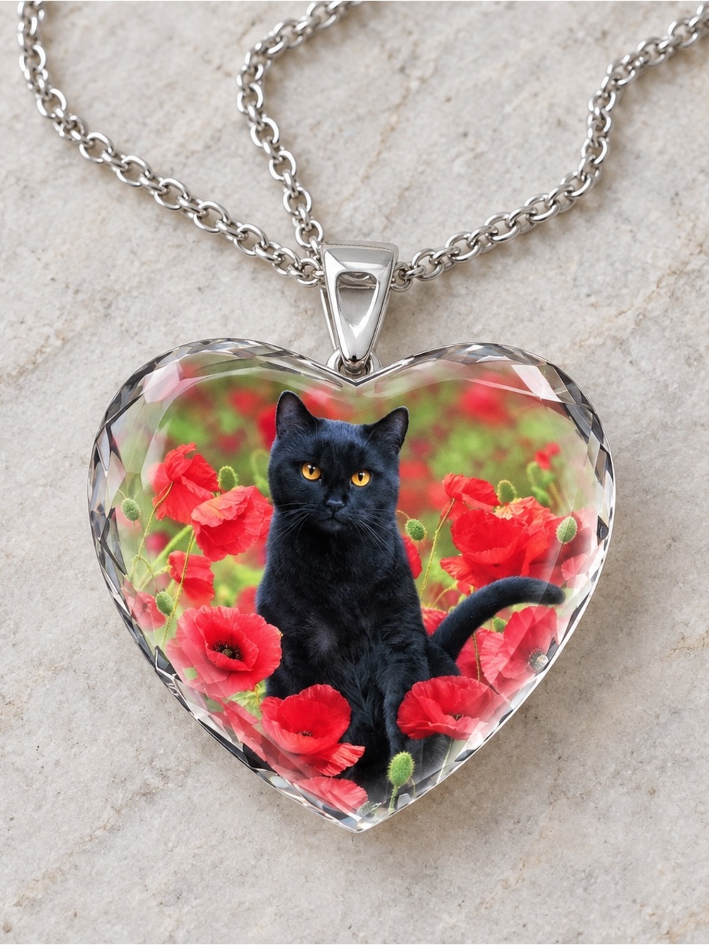Vintage Danbury Mint Black Cat Poppy Crystal Heart Pendant Necklace 17.5”